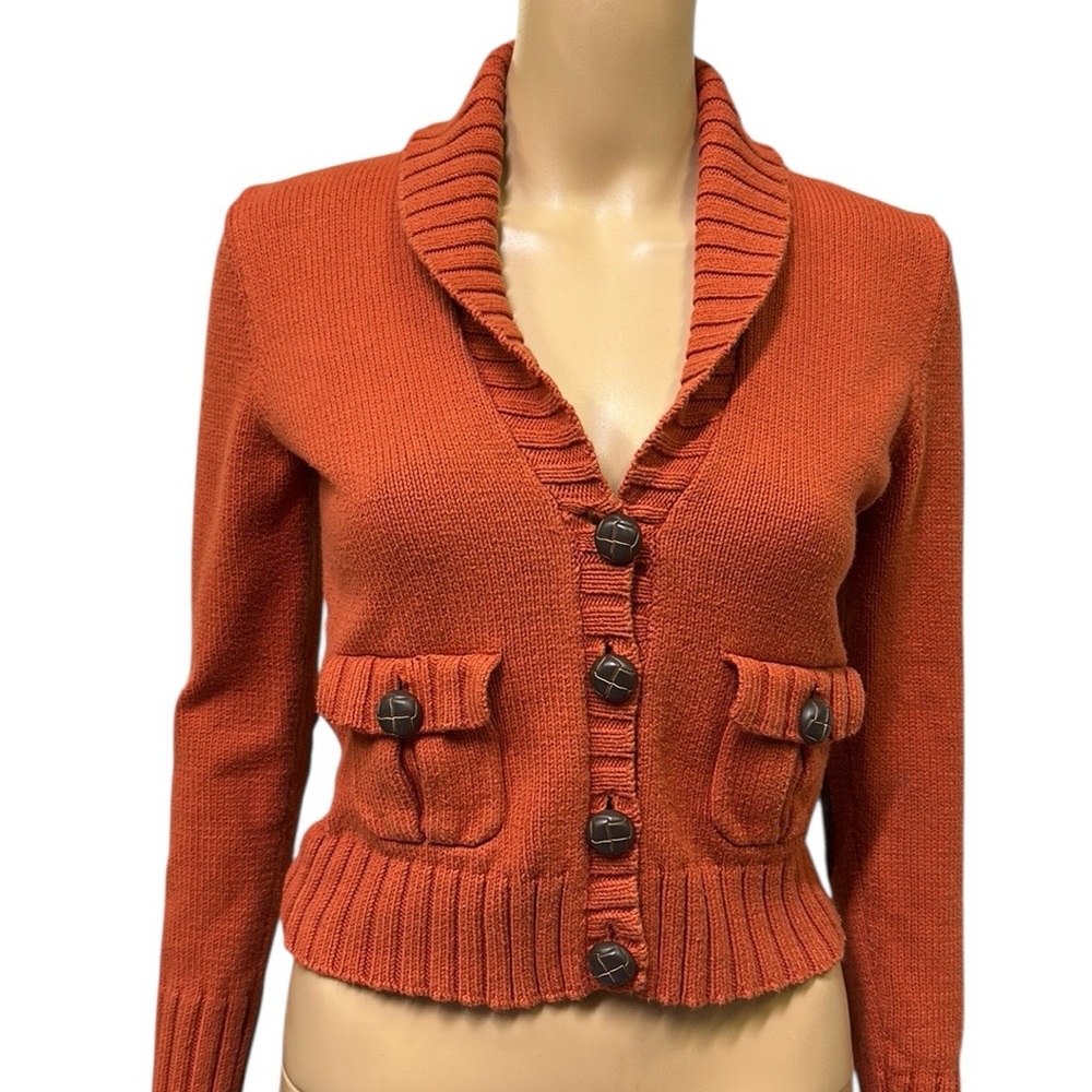 Eastside Westside Rust Knit Collared Pocket Elbow Patch Cardigan Sweater Women S